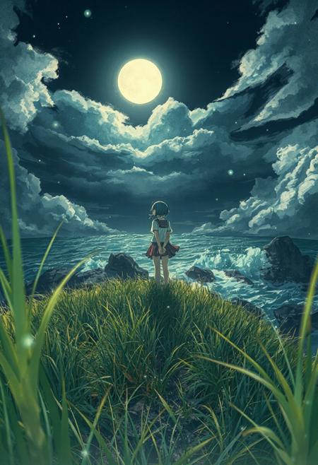 Vertical 9:16, cinematic anime style, ultra-detailed 4K, Makoto Shinkai “Weathering with You” key art style, parallax-ready composition, lone girl in soaked Japanese school uniform standing on a grassy cliff, sharp foreground knee-high grasses swaying in storm wind, midground girl centered, background dark ocean waves crashing against rocks, moonlight piercing drifting storm clouds, visible light shafts, sparkling fairy dust motes, layered cloud banks fading into depth, no lens distortion, no fisheye, watercolor cel shading, subtle bloom, film grain, high depth realism, perfect for 2.5D animation, clean perspective layers