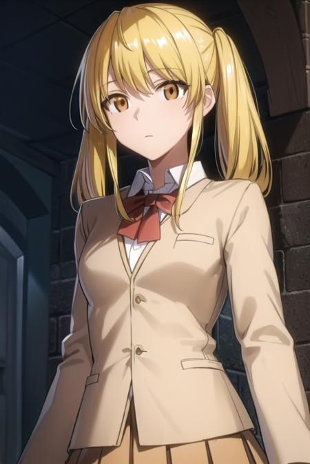 erisawachika, <lora:eri sawachika s2-lora-nochekaiser:1>,
eri sawachika, medium hair, (yellow hair:1.5), twintails, (brown eyes:1.5),
BREAK skirt, long sleeves, school uniform, pleated skirt, red skirt, shirt, collared shirt, white shirt, blazer, (light brown blazer:1.5), neckerchief, red neckerchief,
BREAK indoors, classroom,
BREAK looking at viewer, (cowboy shot:1.5),
BREAK <lyco:GoodHands-beta2:1>, (masterpiece:1.2), best quality, high resolution, unity 8k wallpaper, (illustration:0.8), (beautiful detailed eyes:1.6), extremely detailed face, perfect lighting, extremely detailed CG, (perfect hands, perfect anatomy),