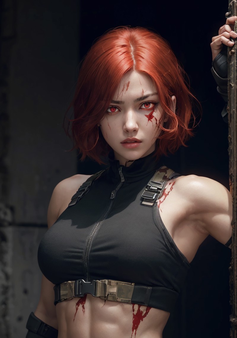 1girl, red head, (brutal muscular), sifi warrior, holding pistol, survival sci fi, (short hair),
 ((red eyes:1.5)),
 fight...
