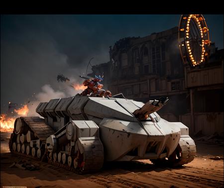 cinematic photo , (best quality), (masterpiece), (detailed) ,realistic,  <lora:quiron_thundertank_v1_Lora:0.87> thunderTankQuiron concept vehicle tank ,  decayed amusement park, broken rides, faded colors, echoes of laughter, fire, explosion scene,  fog, 4k, cinematic light, sidelighting, ultra high res, best shadow, RAW,  . 35mm photograph, film, bokeh, professional, 4k, highly detailed