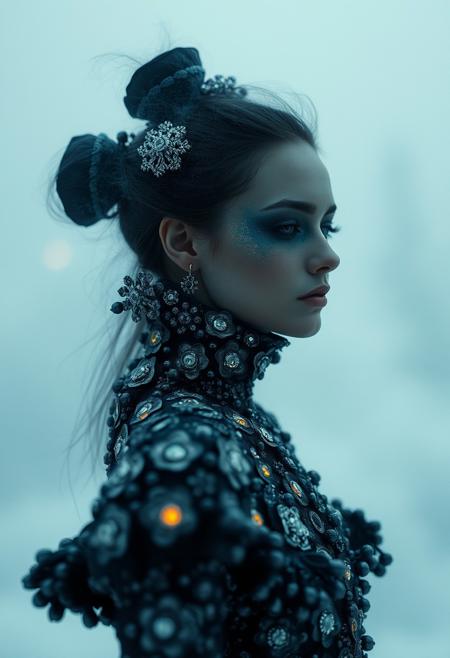 By Eric Lacombe By Patrice Murciano Frostpunk Fashion Photography, blue and silver, minimalism, smoked eye shadow, illuminated silver bulging biomorphic dot pattern, clouds landscape, knife flowers, bokeh ashes, volumetric particle dust, powdered paint pigment, vivid color, misty aether houte - couture rococo metal  clothing, holga medium format camera, etherial lighting, backlighting, in the style of. . ., professional ominous concept art, by artgerm and greg rutkowski, an intricate, elegant, highly detailed digital painting, concept art, smooth, sharp focus, illustration, in the style of simon stalenhag, wayne barlowe, and igor kieryluk.