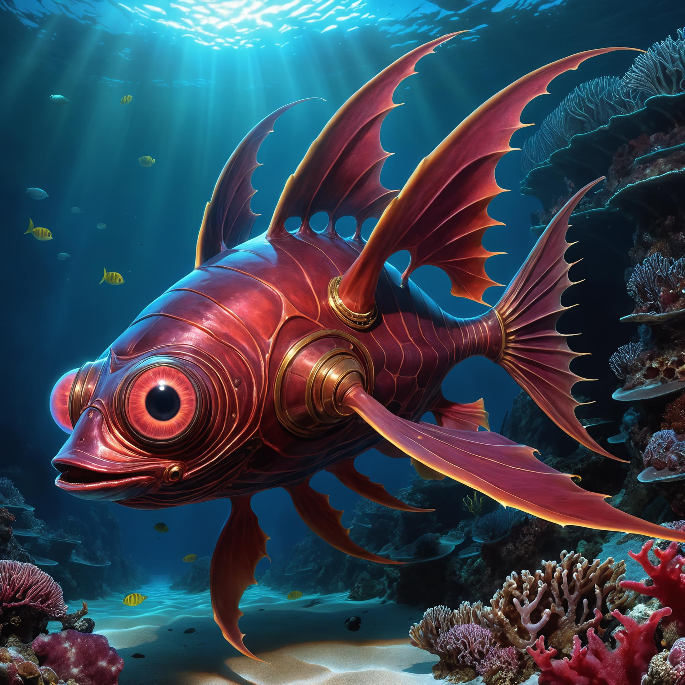 A beautifully detailed, red and gold fish swimming in the ocean.