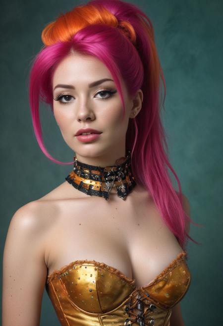 famous vintage 70s photo, A woman with magenta  hair in a long ponytail with golden metal and orange tips,  freckles with 0.8 intensity, wearing a latex corset, shot from the side view. The photo should be extremely detailed, with beautiful detailed teal speckled eyes, full lips, pale skin, and a neutral expression. The background should be neutral gray with studio lighting, in the style of kyuYong Eom, and in RAW photo format. 44d bust, boob focus, grainy photograph, 1970s photo with film grain, 70s photo with vignetting, retro, r/OldSchoolCool, 70s photo, vintage photo