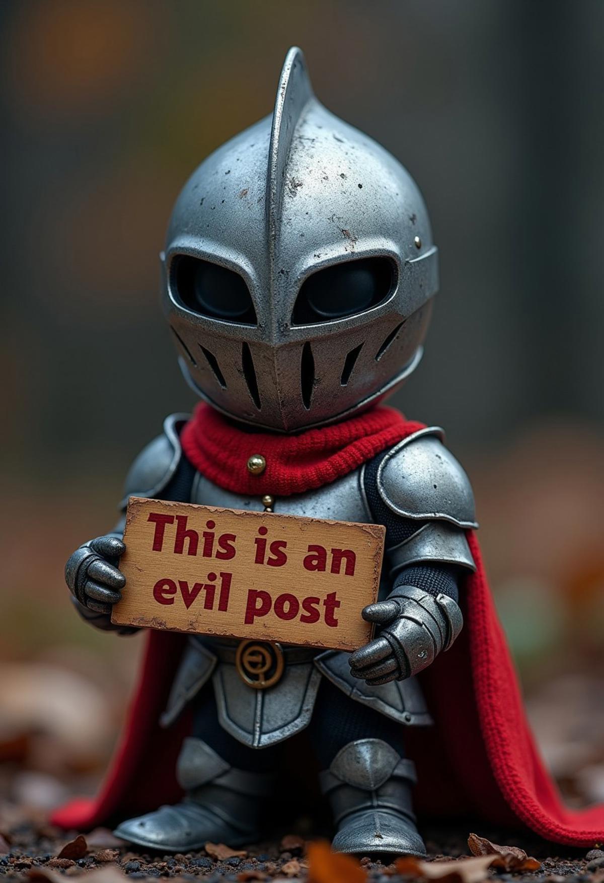 A little tiny knight holding a sign saying that this is an evil post, he is emanating a dark aura, but is very cute