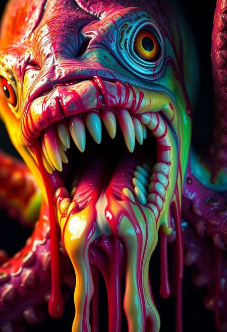 teeth, brains, splooge, goober, inverted neon rainbow drip paint, trending on art station, photoreal, 8 k, octane render by greg rutkowski,  cthulhu, fish, squid, octopus, tentacle, blood, guts, spit, spittle phlegm, nightmare, scary, killer, ooze, ripped flesh  covered in scales, made of scales