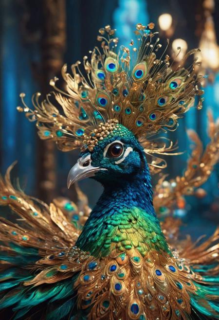 Tilt-shift photo of Mind blowing depth and foreground clarity, a small and cute royal Peacock spawns an adorable non-human celestial animal in the celestial and fantasy style. the animal is supposed to be the most beautiful animal ever created. Consider details such as soft, feathers, silk, satin, shimmer and shimmer. Include subtle details of ghostly iridescence. emphasize small fancy details and ornate jewelry. Camera: Use interesting and dynamic composition. increase visual interest. lighting: use ambient lighting that enhances the atmosphere of the fantasy. include bright colors and deep shadows. hires, detailed eyes, hires detailed eyes, hires small details, elaborate details, ornate, 8k, shimmer, unity, official cgi unreal engine, high resolution, (((masterpiece))), high quality, high resolution, detail enhancement, (bright and light-eyed),