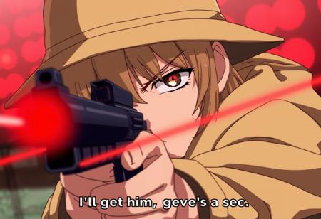 An illustration of an anime or manga-style character wearing a hat and aiming a gun with laser sights. The character has an intense, focused expression, with glowing red eyes suggesting they may be using some kind of special ability or power. The illuminated red sights on the gun and the blurred red lights in the background contribute to a tense, action-oriented atmosphere. The caption "I'll get him, give me a sec." implies the character is pursuing or about to confront someone. The overall style and composition conveys an intense, dramatic moment likely from an action or sci-fi anime, manga, or video game scene.