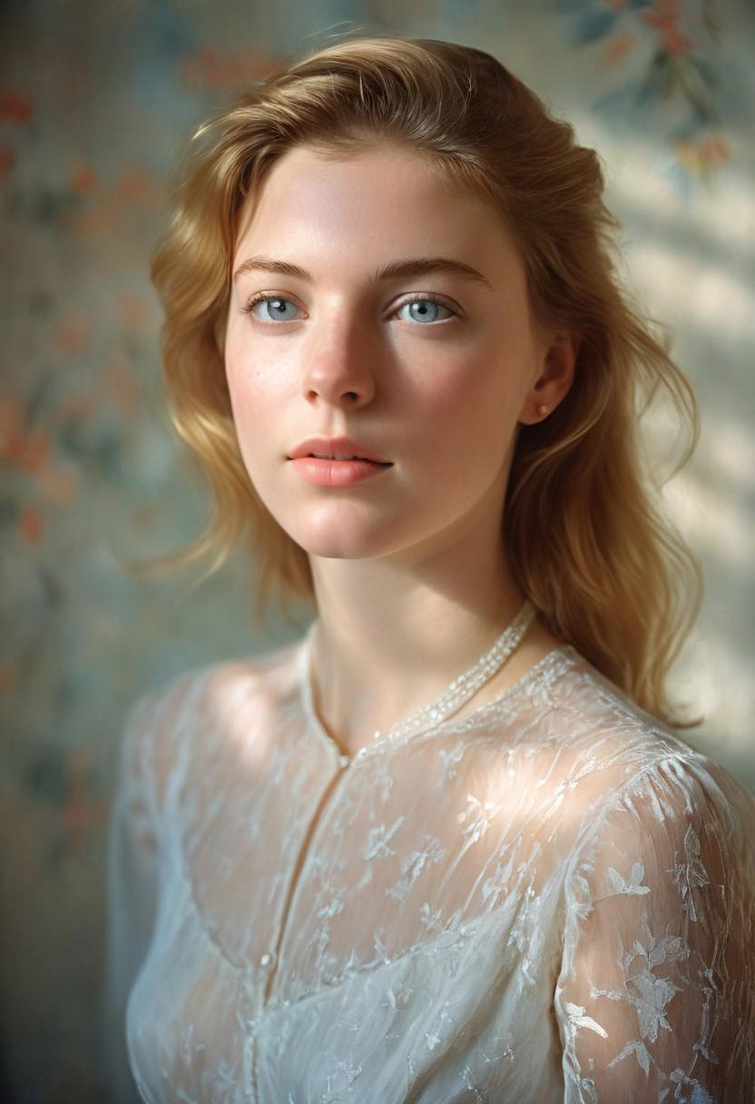 Portrait of a young woman named Leonie, inspired by the beauty and elegance of both Monica Vitti and Grace Kelly, (long shot), soft natural lighting, intricate details on her face and clothing, realistic painting style by John Singer Sargent or Edgar Degas.casting shadow style, cucoloris patterned illumination, analog film photo, cinematic color motion picture film style, themed color, ashlynn_spektre_xl,