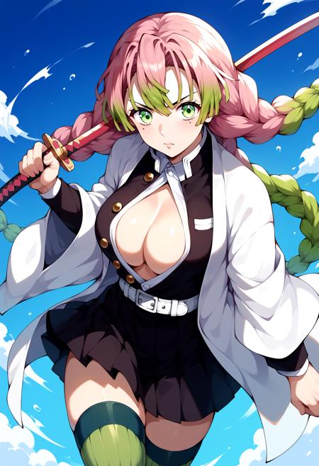 aamitsuri, long hair, braid, multicolored hair, green eyes, mole under eye, large breasts, japanese clothes, cleavage, white jacket, haori, black shirt, open clothes, belt, pleated skirt, black skirt, green thighhighs, ribbed legwear