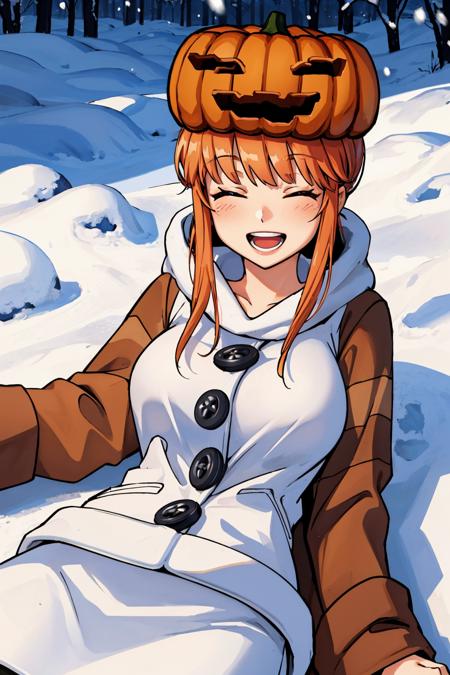 masterpiece, best quality,  <lora:snowgolem-nvwls-v1-000009:0.9> sgolem, pumpkin hat, coat, white skirt, buttons, :D, outstretched arms, lying on back, on ground, snow, large breasts, smile, happy, closed eyes, laughing