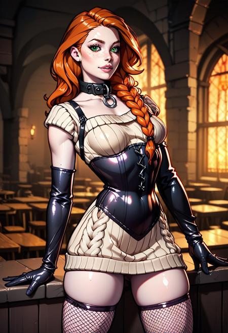 score_9_up, score_8_up, score_7_up,score_6_up, 1girl, solo, rating_safe, style_realistic, woman flirting, looking at viewer, (((pale skin))), orange hair, freckles, long braided hair, big green eyes, (((aran sweater dress))), ((leather corset)), ((opera gloves)), ((leather ballet flats)), ((fishnet stockings)), ((dog collar)), medieval tavern background.