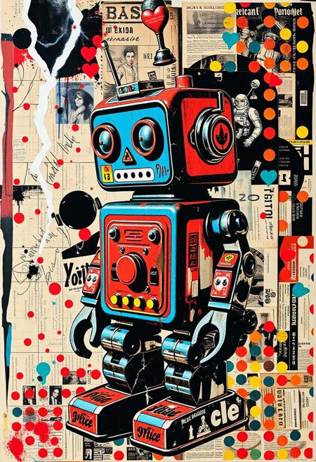 A pop art style mixed media collage artwork. Deconstructed, provocative, surreal, intense and chaotic composition. Street art textures and vibrant retro colours. 
The main image is a grungy retro stencil screenprint of a colourful 1960s toy tin robot with electricity. Print errors, halftone dots. grungy print registration errors, Ben Day dots. 
Overlaying this are multiple layers of black-and-white Mexican imagery, handwritten letters, bold paint splashes, and chaotic magazine cutouts and clippings. Partially covering this, these break up the outline. Next are layered sections of repetitive brightly coloured dots are spraypainted in Yayoi Kusama style. On top of this are 1950s magazine cutouts and clippings of space travel and astronauts, and torn vintage postcards with handwritten messages are glued to the layers. This partially hides sections of the images below. On the top layer are rough hand-drawn letters and love hearts scrawled heavy-handedly in blue biro onto print.
