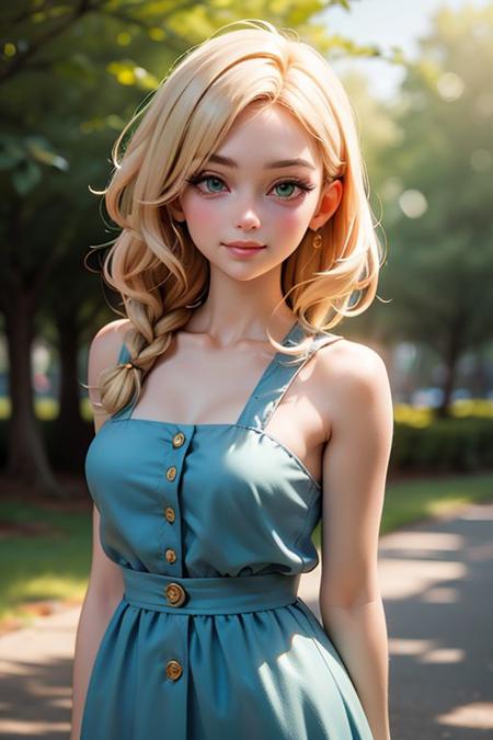 highest quality, a young woman, green eyes,  backlighting, blue dress, blond hair, blurry background, in the park, blush, shy smile, collarbone, forehead, long blond wavy hair, hair over shoulder, long hair, button nose, lips glossy, shadow, solo, thick eyebrows, thick eyelashes, upper body, braid, sun beams, warm light, golden hour, cozy, ((masterpiece)),