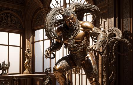 (masterpiece:1.2), (photo-realistic:1.56),(intricate details:1.3),
a statue of a demon with a large head and arms in a building with a large window in the background, Ai Weiwei, physically based rendering, a bronze sculpture, cloisonnism