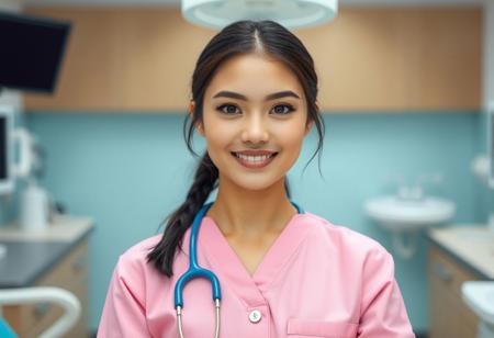 medium shot, symmetrical front view of a Beautiful real young woman, pink clinic uniform, dental clinic work space at the background