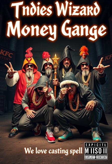 A semi-realistic image of 4 kfc wizards posing like they’re on a rap album cover. Two are standing, wearing unique chicken hats, while the other two are squatting with different styles of hoods covering their faces. Each wizard wears different flashy outfits with over-the-top bling—huge gold chains, rings, and sunglasses. Making gang signs. Two of the wizards are casting luminous spells. One wizard holds a glowing staff, another flashes stacks of hundred-dollar bills. The background is a gritty, urban setting, perfect for a rap album cover. 'Tendies Wizard Money Gang' is spelled out in bold, glowing letters at the top, with 'We love casting spells' at the bottom. An 'Explicit Content' logo is in the corner