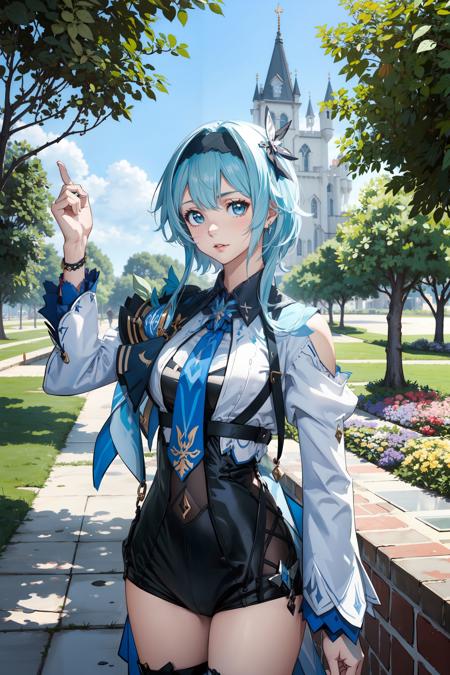 <lora:Eula:0.75>, (((best quality, masterpiece, good anatomy))), eula_in_genshin, cowboy shot, 1girl, blue short hair, black hairband,a leotard with a white top and black bottom, white long sleeves, blue necktie, jewelry on the shoulder,upper body,outdoors, castle, streets, green plants, flowers,