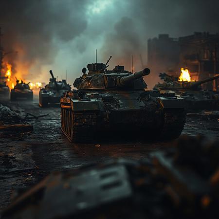 close photo of a infantry fighting vehicle, very low ground point of view, night time, several tanks burning around, everything is destroyed, ruined, dark atmosphere, ground road is dirty and wet, opaque mist.
on a background we can see some ruined cityscapers.
on the very foreground we see some part of burned tanks.