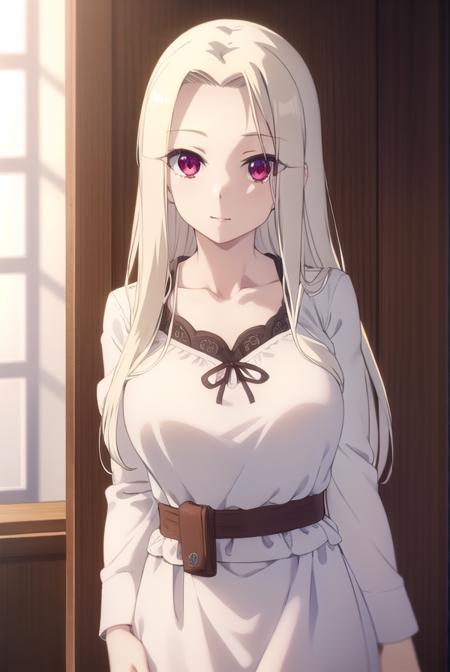 irisviel von einzbern, long hair, blonde hair, (red eyes:1.3), white hair, (parted bangs:1.5), dress, white dress, collarbone,