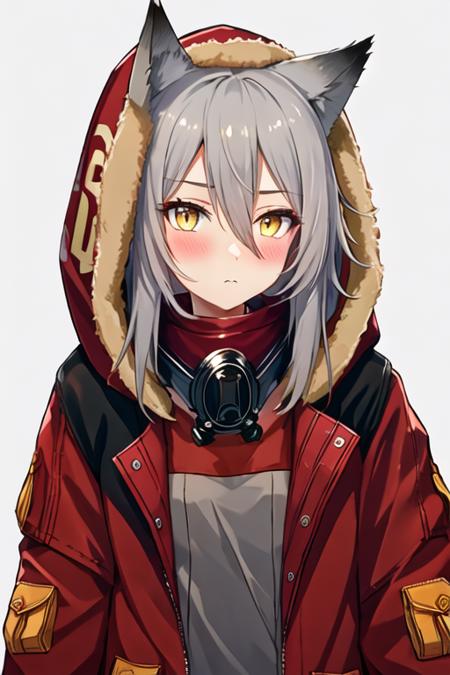 best quality, masterpiece, highres, solo, {projekt_red_arknights:1.15}, animal_ears, wolf_ears, grey_hair, hair_between_eyes, wolf_girl, yellow_eyes, bangs, long_hair, upper_body, 1girl, character_name, closed_mouth, fur-trimmed_hood, fur_trim, hood, hood_up, hooded_jacket, jacket, looking_at_viewer, mask, mask_around_neck, open_clothes, open_jacket, red_jacket, shirt, blush, long_sleeves