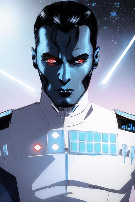 thrawn, an alien man with (black hair:1.3), wearing a star wars imperial uniform, (blue skin:1.5), (red eyes:1.3), (colored skin,:1.1)