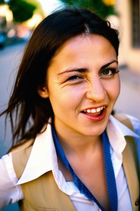photograph close up portrait of young Turkish woman after office work, open shirt with an open Tie, lovely and Curious look, detailed photograph shot on kodak, bright day in a town, wide angle, 
(<lora:artisticmakeup_bit_winks_jugger:1> (biting her lips:1.6) and (winks with one eye at viewer:2), (one eye open and one eye closed))