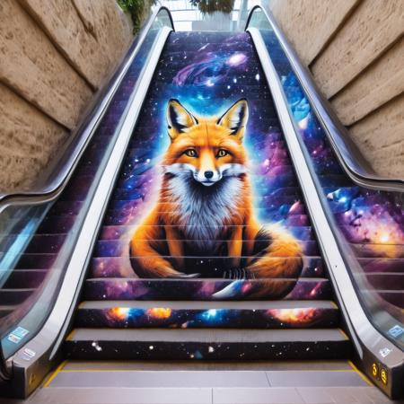 a fox, galaxy, escalator-art <lora:escalator-art6:1>