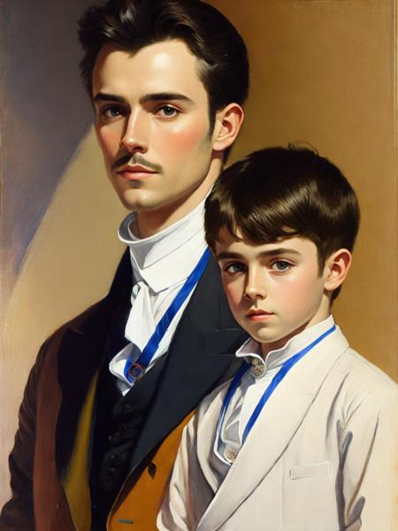 <lora:JohnSingerSargent:1>a painting of a man and a young boy looking at the camera with a serious look on his face by John Singer Sargent