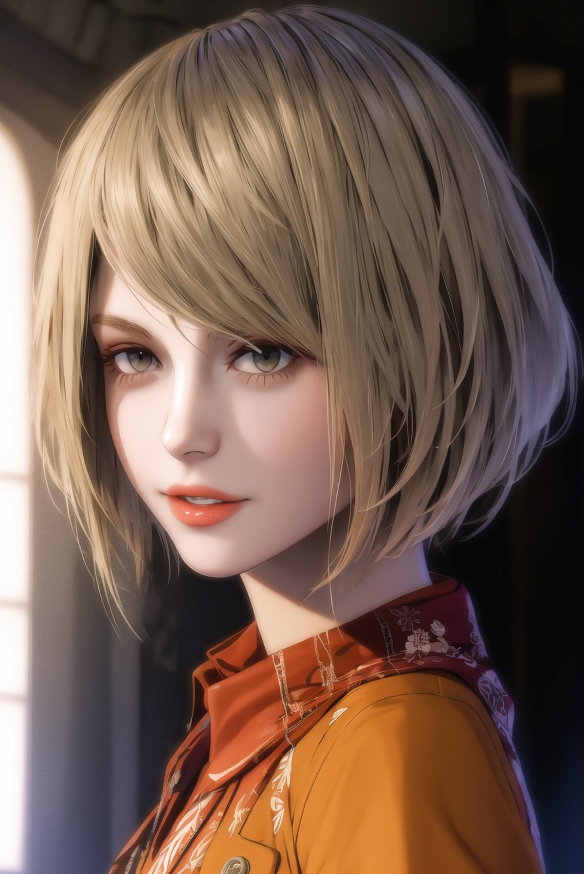 1girl, ashley-re4, blonde hair,looking at viewer,short hair,portrait