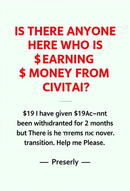 Image with text"Is there anyone here who is earning $ money from CivitAi? I have made $119 which has not been withdrawn for 2 months. I have given the account number but There is no error and there is no transition. Help me Please." bold text with red color