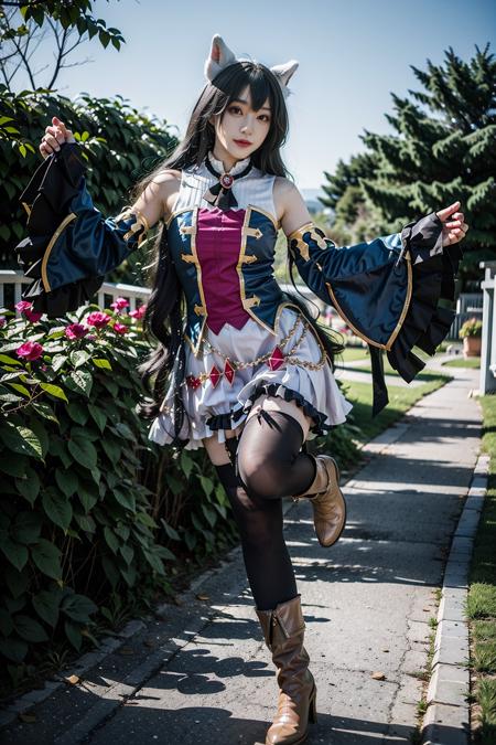 best quality, masterpiece, realistic, (photorealistic:1.4), 1girl, solo, full body, karyl costplay costume, cosplay, animal ears, detached sleeves, thighhighs, boots, dynamic pose, detailed background, in garden, night, <lora:karyl_cosplay_costume_v1:0.7>