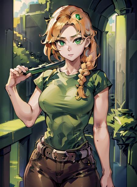 best quality, (masterpiece),(ultra-detailed), (high quality), (high resolution), <lora:add_detail:0.5>, <lora:alexmc:0.7>,alex,  green shirt, belt, braid,