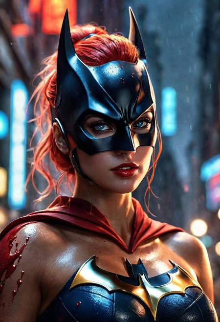 High resolution ultra-realistic of beautiful realistic Batgirl fighting against alien invasion, cinematic style, standing on a bloody and stormy battlefield in a fighting pose, bloody massacre, realistic modern combat costume, black mask, red cape, perfect athletic figure, wavy red hair, handsome dirty bloody face, realistic blue eyes, beautiful perfect detailed pupils, wet oily shiny skin, covered in dirt and blood, beautiful firm Breasts, defiant and seductive, sexy 20 year old girl, 8k resolution concept art portrait by Greg Rutkowski, Dark Gotham City, Artgerm, WLOP, Alphonse Mucha, dynamic lighting, hyperdetailed, intricately detailed, Splash art trending on Artstation triadic colors, Unreal Engine, 5 volumetric lighting, Cinematic Lighting, intricate, smooth, sharp focus digital painting, Asymmetrical Balance, painting, dynamic lighting