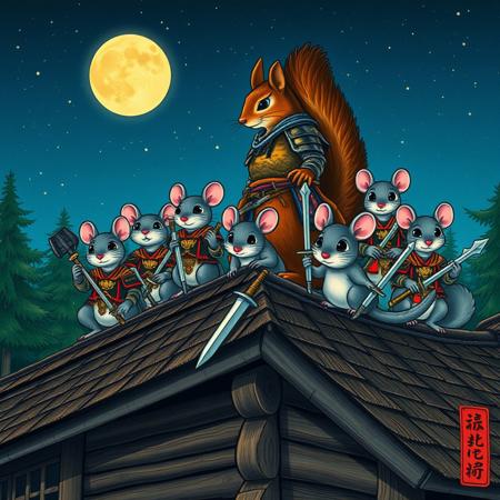 A warm summer night,  a one big squirrel dress like a samurai is a commander of a group of grey mice. All  are standing on the top of a wooden roof of a big wooden cabin in the middle of the forest.  All of them wear a medieval knight armors and hold steel swords. vivid colors, ukiyo-e  style