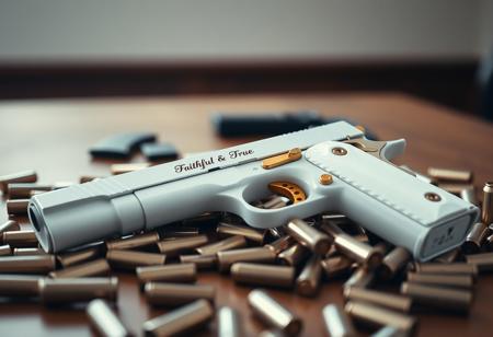 A gun is lying flat on a wooden table, it is a pure white  ((Colt 1911)) full-size handgun with "Faithful & True" engraved in elegant font along the slide of the pistol. The grips are beautiful pearl white, and the the gun has gold accents on all the buttons and levers. The pistol is surrounded by spare mags and dozens of extra .45 ACP ammunition rounds littered across the table. weapon, indoors, signature, blurry, gun, no humans, depth of field, blurry background, handgun, action film style, shallow depth of field, vignette, highly detailed, high budget, bokeh, cinemascope, moody, epic, gorgeous, film grain, grainy