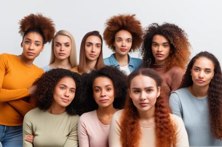 professional group portrait photo of  10 real multi culture young woman locking with feelings at viewer,  faces , background white wall,