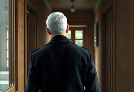 A highly detailed, realistic 3D digital illustration style, view of the back of an  writer exiting his home, going outside. He's wearing black trenchcoat. The writer's short white hair is combed back, slightly receding hairline. The walls of his hallway are covered in wood, the concrete painted light green.