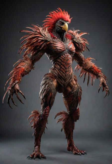 Frontal view. looking forward, looking viewer, full body, realistic professional photography, monster werebird woman, brown and red feathers, cinematic lighting, perfect shading, amazing composition, dynamic angle, 35mm photograph, best quality, masterpiece, simple gray background