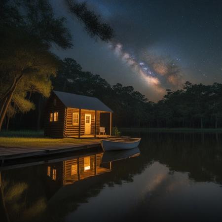At night, a small row boat lied moored at a dock next to a brightly lit but old cabin that rests on the riverbank in the middle of the bayou