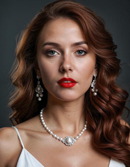 analogue photo of a beautiful 25 years old woman, high resolution image, (auburn hair Viking woman), A photo-realistic portrait shoot from a portrait camera angle about a woman with long, wavy hair and striking makeup, wearing a white dress with a plunging neckline, a pearl necklace, and red lipstick. on the middle of the image, a 1 woman, who appears to be in her early twenties, with detailed skin, realistic eyes, and a sultry expression, is looking directly at the viewer. she has long, curly hair that falls down her back, and her hair is styled in a way that frames her face. her eyes are accentuated by dramatic makeup, with bold red lipstick and dramatic eye makeup. her lips are painted red, and she has a mole on her cheek. she is wearing a pearl choker and earrings, adding a touch of elegance to her elegant appearance. the background is dark and minimalistic, with a hint of a window on the left, allowing soft lighting to filter in and create a sensual atmosphere.