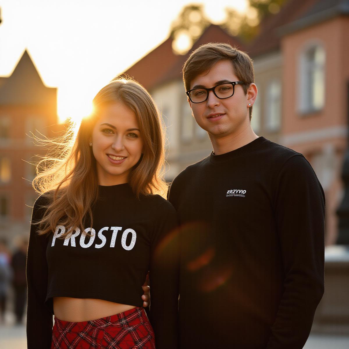 close-up shot, photorealism, photography of a beautiful riley reid and her boyfriend, standing on a cobblestone street, sunset, lens flare, girl wearing red tartan skirt and black crop top with  text "PROSTO" written on it ,  girl is smiling warmly, outdoors, autumn foliage, traditional houses, fountain, vibrant colors, detailed, photorealistic, looking at viewer, wind, hair flowing over, crowded, cinematic lighting,young  guy has short brown hair and glasses and satisfied expression , his black shirt has small white rectangle with  label "KRZYWO" written on it , <lora:Riley_Reid_-_Flux_v3_r1:1>