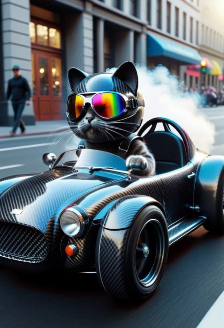 (made of Carbon Fiber:1.3), from side, closeup cute small Carbon Fiber classic sports car, cat driving on, wear round goggles, wear animal ears helmet, run through on city street, tire smoke, Taste the Rainbow, cinematic, cinematic lighting, (masterpiece, best quality:1.4), ultra-high res, 4k, Photorealistic, insanely detailed, sfw,