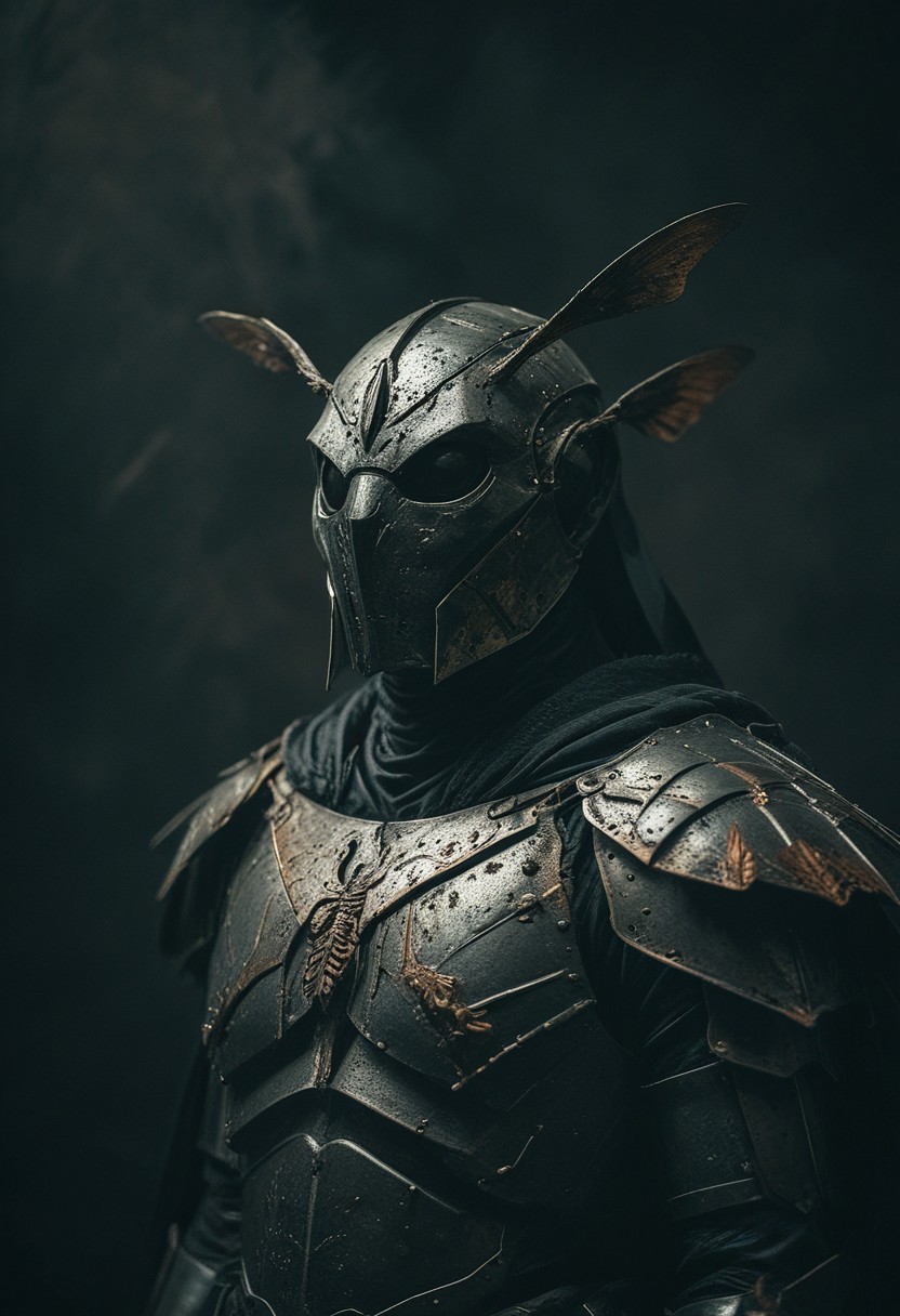 a moth in iron armour, black cape, studio background, high-contrast palette, subtle grain, cinematic quality, modern art photograph, looking at viewer