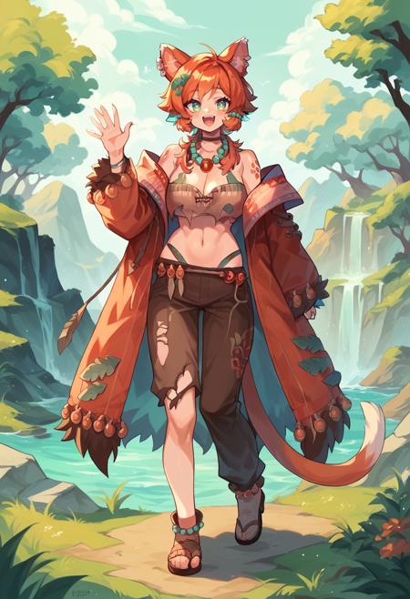 Mozumi, orange hair, multicolored hair, green eyes, unusual pupils, tail, shoulder tattoo tribal clothes, torn clothes, red coat