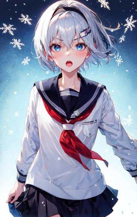 1girl, bangs, black_hairband, blue_eyes, blush, eyebrows_visible_through_hair, gradient, gradient_background, hair_between_eyes, hair_ornament, hairband, long_sleeves, looking_at_viewer, neckerchief, open_mouth, sailor_collar, school_uniform, serafuku, shirt, short_hair, silver_hair, skirt, snowflake_hair_ornament, solo, sora_ginko, v-shaped_eyebrows, white_background, white_sailor_collar <lora:style_shirabii:1>