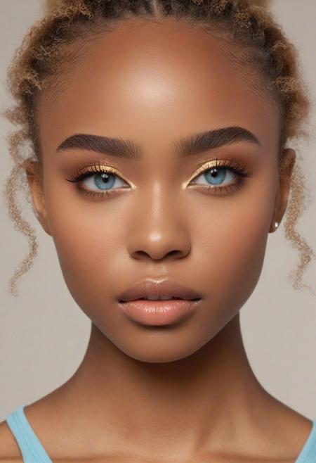 hyper realistic and detailed photo of a cute 18yo african female gymnast, shallow depth of field, cleavage, two-packs abs, golden blonde straight messed up hair, straight waist, realistic textures, 8k movie still, cinematic, looking at viewer, straight hip, narrow hip, small hip, small round shape butt, tiny breasts, long legs, Youthful, radiant complexion with fair dark tonde black skin. Her facial structure is characterized by soft, rounded features with a gentle jawline that complements her overall delicate visage. The eyebrows above are well-defined, arched gracefully, adding to the intensity of her gaze. Her hair, a rich golden brown, is pulled back into a high ponytail that cascades in gentle waves, framing her face elegantly. Her lips are full and appear soft, providing a neutral yet inviting expression. The subject's nose is proportionate to her face, with a subtle, rounded tip that harmonizes with her soft facial features.
The eyes are a distinctive feature, conveying a remarkable depth of color   a shade of light blue. Her irises are ringed with a darker blue hue. Her pupils are centered and clear. The eyelids are smooth, with a subtle crease that adds depth to her eye structure. Her lashes are of a lighter brown, long and evenly spread, curling gently upwards. low-key photo style