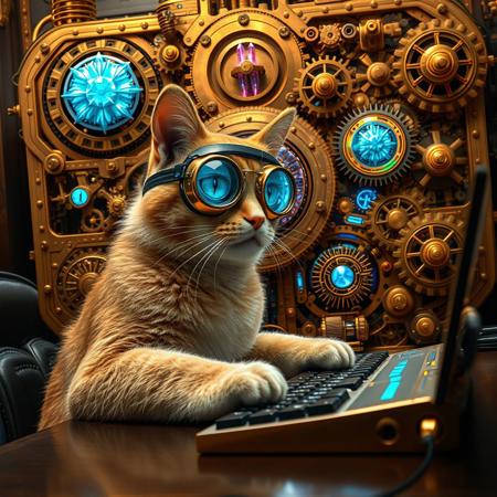 A ginger cat, wearing aviator googles, sits at a table with its paws tapping the keyboard, behind him, filling the room, a marvellously intricate steampunk quantum computer, a fusion of Victorian elegance and futuristic technology. Gears gleam in polished brass, interwoven with elaborate clockwork mechanisms and glowing crystals pulsating with otherworldly energy. This striking image, envisioned as a high resolution digital image, showcases the machine's ornate design and cutting-edge functionality. Every detail is meticulously rendered, creating a visually stunning masterpiece that captivates the viewer with its intricate beauty and technological brilliance.