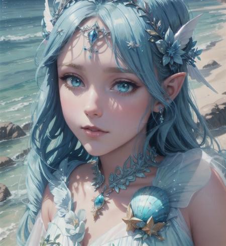 paradise, Princess girl with wing, blue, pastel, glitter, dramatic, dreamy, pastel, Watercolor, Whimsical, delicate, crown of shells, Trending on Artstation, Highly detailed, Intricate, Portrait, digital painting, Fantasy theme, Fantasy robes, Conceptual fantasy art, Fantasy character art, Presumptuous, Teen, perfect body, whole body, dreamer, pastel, Watercolor, Whimsical, Delicate, shell crown, art by loish and lois van baarle, Trending on Artstation, Highly detailed, Intricate, Portrait, digital painting, fabulously beautiful elf fairy, luminous wings, cute, 8k, ((masterpiece)), (best quality), (detailed), Beautiful, large, charming eyes, Beautiful, goddess, nature girl, queen, Hyper realistic, HD, cards