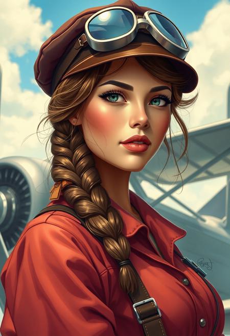 Masterpiece. Illustration of a beautiful woman, vintage aircraft pilot, early twentieth century, pilot cap, propeller plane in the background, high-res, semi realistic, best quality, intricate details, ultra details, good lighting, vibrant colors, very detailed, octane render, ray tracing,