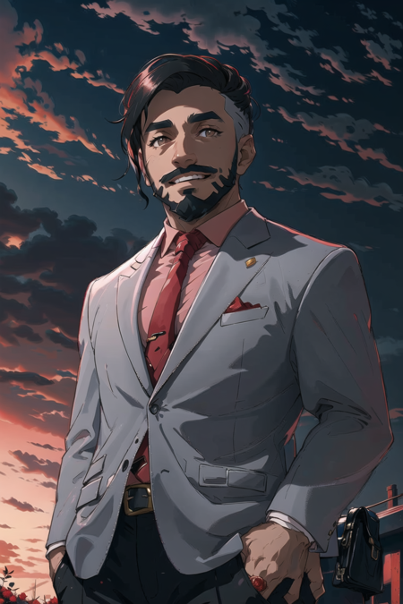 masterpiece, best quality, <lora:RoseLora:0.7>, rose \(pokemon\), smile, dark skin, beard, facial hair, grey suit, red necktie, hand in pocket, black sky, dark sky, (red clouds:1.5), dark clouds,